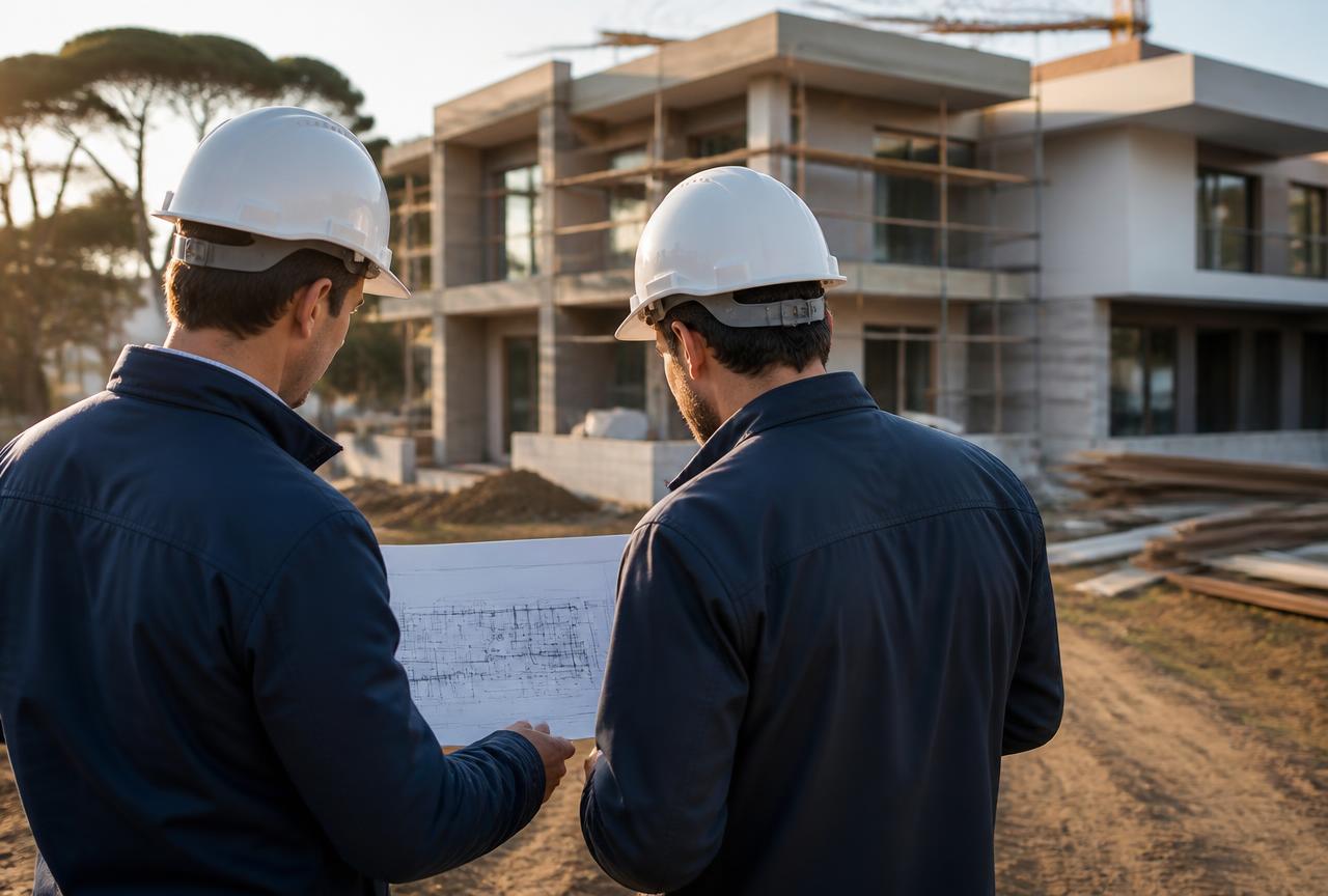 Engenheiros analisando projeto em obra residencial